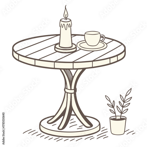 Illustration of a round table with a candle, a cup, and a plant