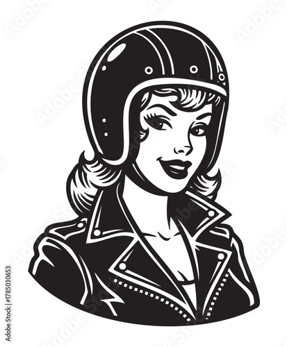 Black and white illustration of a young female motorcyclist wearing a helmet and leather jacket, showcasing a confident expression.