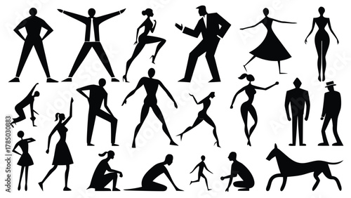 Dark silhouettes of individuals in different poses, some walking and others standing, set against a bright backdrop..eps