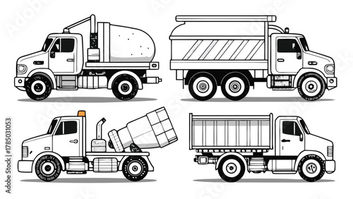 Fun coloring pages depicting construction vehicles such as loaders, cement mixers, and road rollers for artistic expression..eps