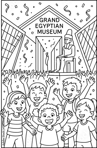 hand drawn vector illustration of Grand Egyptian Museum coloring page for kids