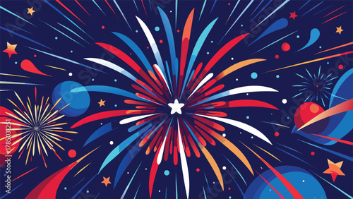 Bright red and white fireworks illuminate a clear blue sky, adding excitement to the night scene..eps