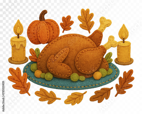 Felt Thanksgiving turkey with candles, pumpkin, and autumn leaves. Cozy handmade felt texture fall holiday illustration. Warm festive decor. Vector illustration.