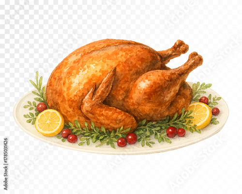 Watercolor roasted turkey with lemon and berries. Thanksgiving dinner food illustration with herbs and plate. Cozy fall holiday feast. Vector illustration.