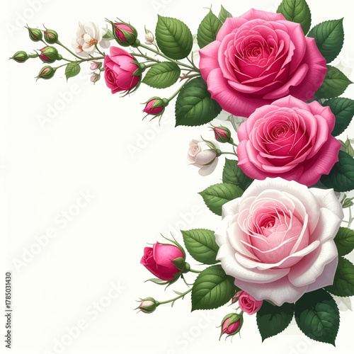 Corner pink roses on clean bright space. Elegant rose cluster in soft layout. Pink floral design with lush petals. Romantic roses framing white page. Pastel bouquet resting in corner