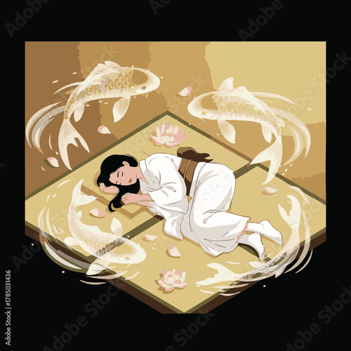 Ethereal Koi Fish Floating around Sleeping Woman, Isometric Vector