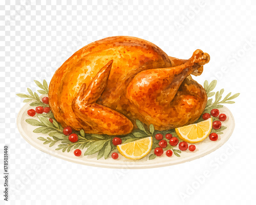 Watercolor roasted turkey with lemon and berries. Thanksgiving dinner food illustration with herbs and plate. Cozy fall holiday feast. Vector illustration.