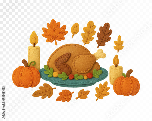 Felt Thanksgiving turkey with candles, pumpkin, and autumn leaves. Cozy handmade felt texture fall holiday illustration. Warm festive decor. Vector illustration.