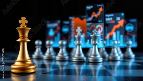 Wallpaper Mural Golden chess king piece in front of silver pawns and financial growth charts on a modern chessboard Torontodigital.ca