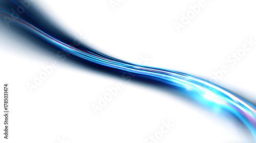 Abstract glowing blue light wave flowing across a clean white background, evoking energy and movement.