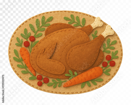 Felt Thanksgiving turkey with carrots and leaves. Handmade felt texture autumn illustration with stitched details. Cozy fall holiday decor design. Vector illustration.