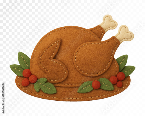 Felt Thanksgiving turkey with berries and leaves. Handmade felt texture autumn illustration with stitched details. Cozy fall holiday decor. Vector illustration.