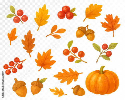 Watercolor autumn leaves and pumpkin set with acorns, berries, and fall branches. Hand-painted cozy seasonal clipart for Thanksgiving, harvest design, and rustic decor. Vector illustration.