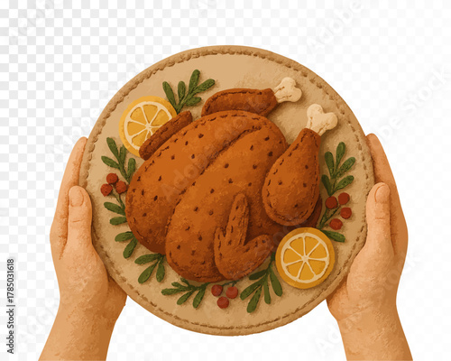 Felt art illustration of roasted turkey with lemon and herbs on plate held in hands, cozy handmade felt Thanksgiving dinner design for holiday decor and kids craft projects. Vector illustration.