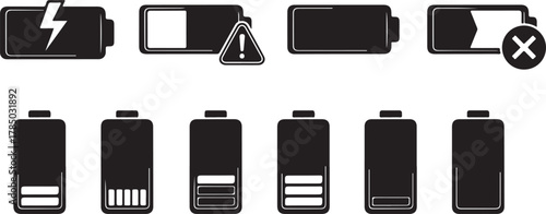 Black battery icons showing charge levels and status power energy