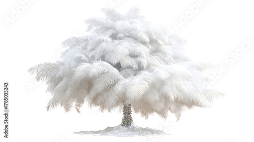 Snow-covered feather Christmas tree with white ostrich plumes and silver glitter tips, soft and glamorous, isolated on white background