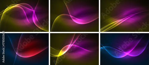 Abstract patterns, flowing lines, vibrant colors. Six panels display dynamic light effects, smooth gradients, elegant curves.