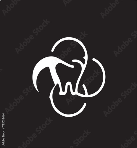 Dental Health Logo - Interlocking Rings and Tooth Symbol in Minimalist Black and White Design