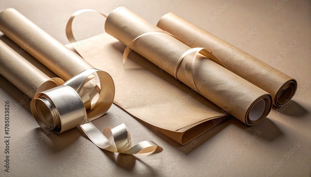 Fototapeta premium Metallic Ribbon and Kraft Paper on Taupe Surface With Daylight Shine