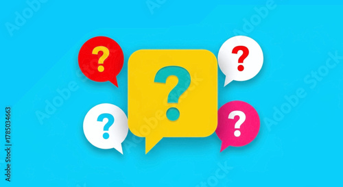 Question marks in speech bubbles on a blue background with map outlines