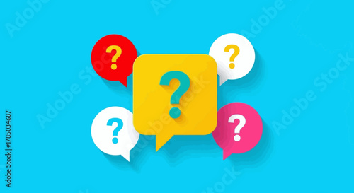 Question marks in speech bubbles on a blue background with map outlines