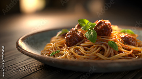 Classic spaghetti with meatballs and tomato sauce topped with basil celebrating National Spaghetti Day Italian dinner favorite
