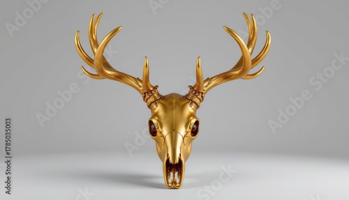 Fototapeta Naklejka Na Ścianę i Meble -  Golden deer skull sculpture with majestic antlers on a neutral background for artistic and decorative use