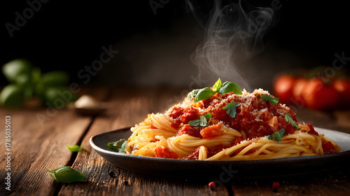 Steaming hot spaghetti with tomato sauce basil and cheese served on wooden table for National Spaghetti Day
