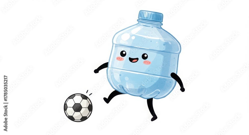 Fototapeta premium a cute round plastic bottle character playing soccer kicking a ball in watercolor illustration