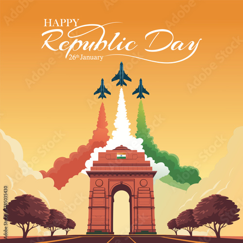 Indian republic Day celebrations with 26th January India 3d text and Ashoka Wheel, try color hand, man running with Indian flag, India gate. vector illustration design.