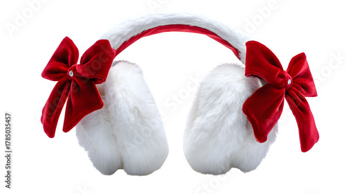 White faux fur earmuffs with red satin bow and soft padding, winter-chic holiday style, isolated on white background