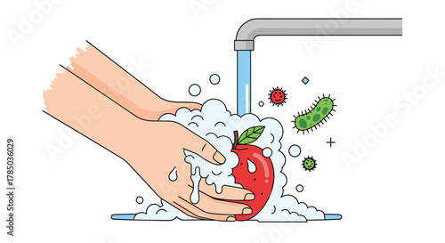Washing hands and an apple under running water removes germs and bacteria for better hygiene.