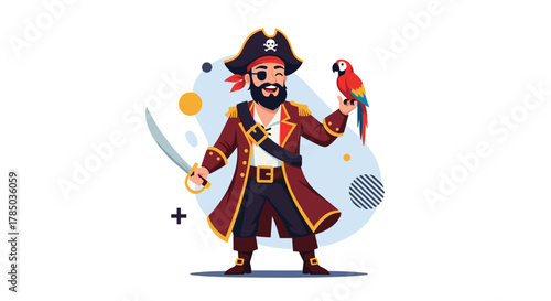 A pixel art pirate with a parrot and sword stands ready for adventure.