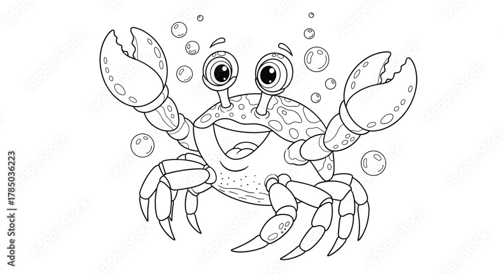 Obraz premium A whimsical illustration of a happy cartoon crab with large, expressive eyes and bubbly water surrounding it underwater.