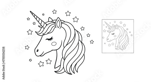Whimsical unicorn illustration with stars and sparkles for a magical theme.