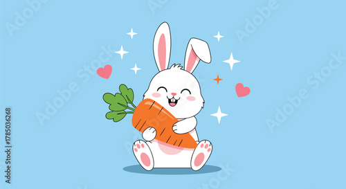 A very happy cartoon bunny rabbit is hugging a large orange carrot with joy and sparkle.