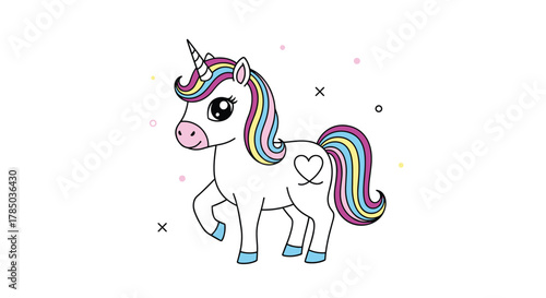A whimsical cartoon illustration of a magical unicorn with a rainbow mane and tail adorned with sparkling confetti and stars.