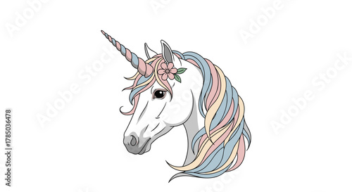 A beautiful unicorn head with a rainbow mane and horn looking to the side with a white background.