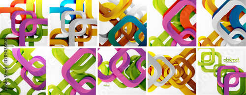 Colorful abstract designs. Geometric shapes overlap, creating dynamic compositions. Bright hues dominate visuals. Modern aesthetic.