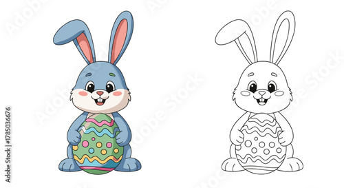A cute blue bunny holding a colorful easter egg is ready for you to color.