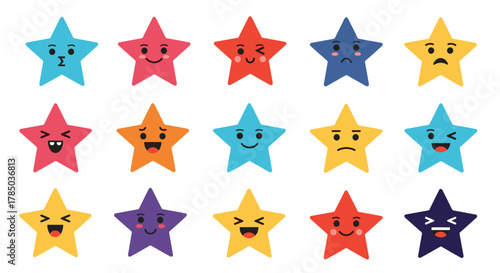 A collection of colorful cartoon stars with various expressive faces showing different emotions