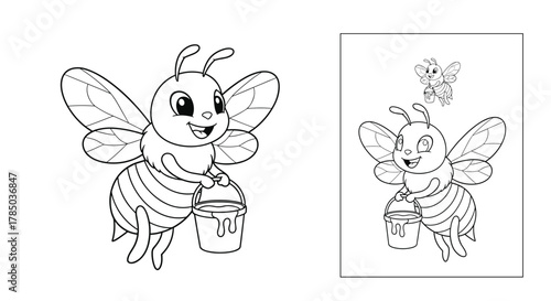 Whimsical illustration of a happy cartoon bee collecting honey from a small pot.