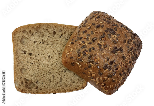 Artisan whole grain bread roll cut in half. Healthy seeded bun for sandwiches and breakfast. Organic bakery product with flax and sesame seeds. Top view food ingredient isolated for design