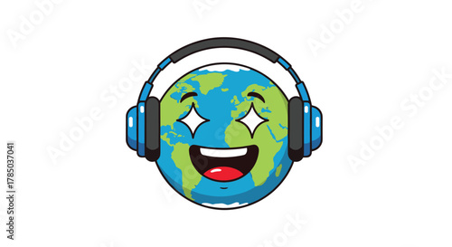 A happy cartoon earth character wearing headphones and listening to music with sparkling eyes.