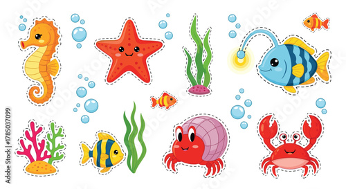 A colorful collection of cute underwater sea creatures and plants.