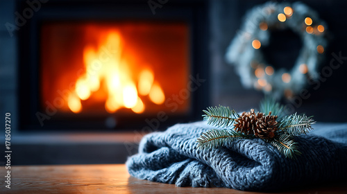 Cozy winter evening scene with crackling fireplace, soft blanket, and pinecones, perfect for holiday promotions or warm winter vibes, creating a feeling of home