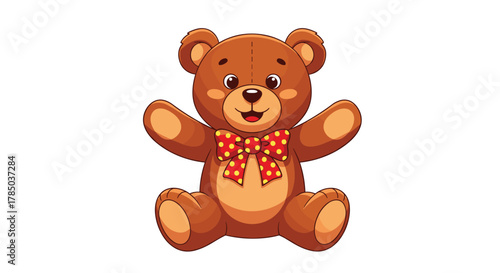 A cute brown teddy bear with a red polka dot bow tie sitting and waving its arms.
