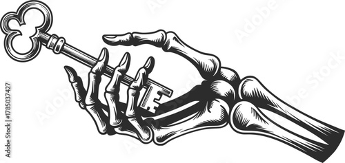 Skeleton Hand Holding Key Illustration Black and White Clipart.