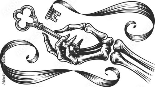 Skeleton Hand with Key and Ribbon Illustration Black and White Clipart.