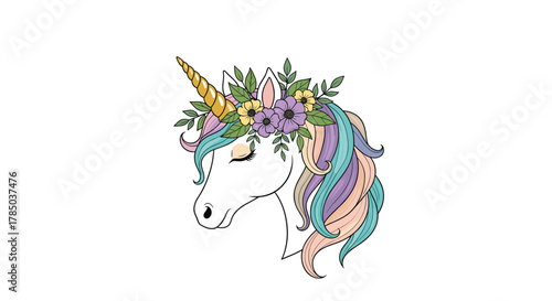 A whimsical unicorn adorned with a crown of blooming flowers and flowing pastel-colored mane.